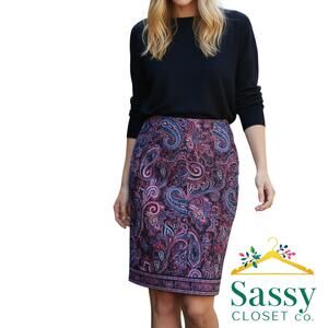 ✨ TALBOTS Paisley Pencil Skirt 14 Blue Purple Lined Officecore EUC 💜